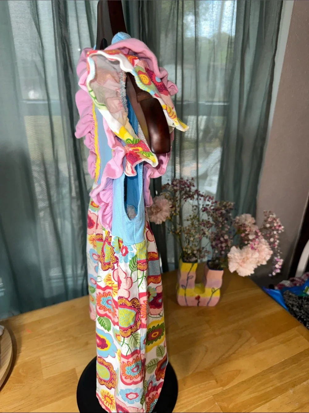 Girls Floral Ruffle Dress - Blue and Pink